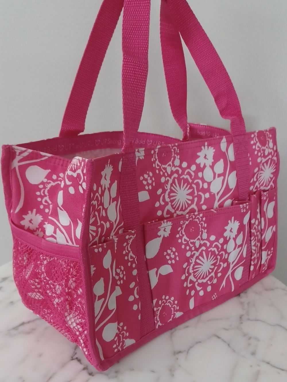 Thirty-One Pink and White Floral Tote Bag URU Keep It Caddy 6"x13"x8"